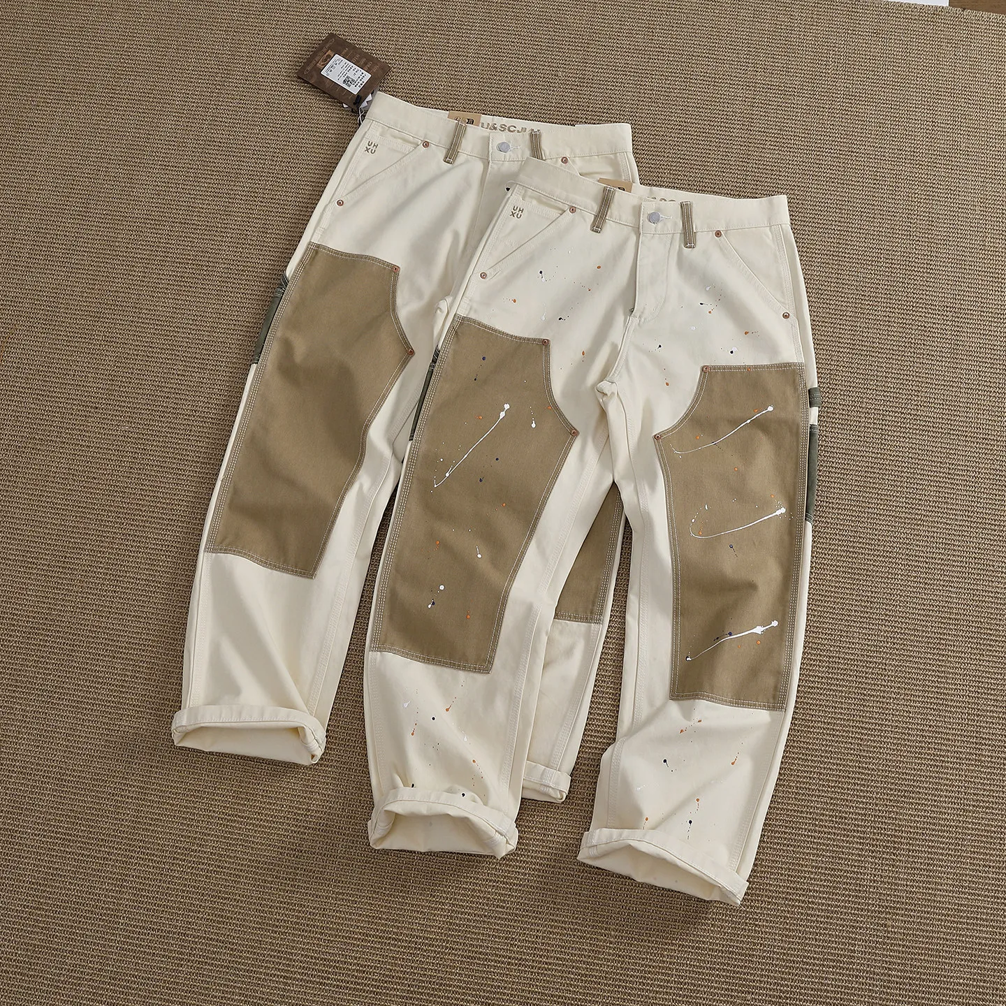 100% Cotton Washed Heavyweight Duck Canvas Spliced Cargo Pants for Men Vintage Paint Splatter Contrast Pockets Casual Trousers