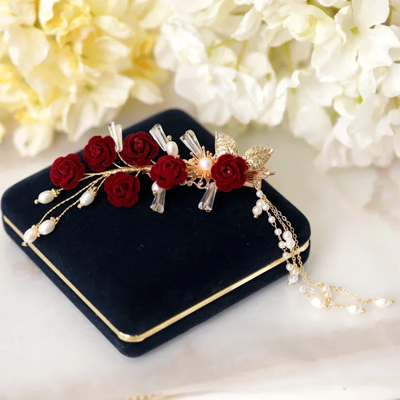 FXLRY Original Handmade Natural Pearl Hairpin Side Clip Side Fringe Red Flower Clip Classical Cheongsam Hanfu Accessorieshair ac