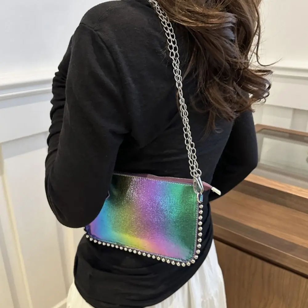 

Trendy Pu Leather Underarm Tote Bag Korean Style Square Vintage Shoulder Bag Colorful Chain Strap Luxury Handbag Outdoor