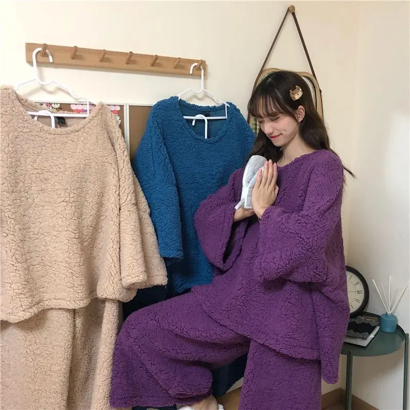 

autumn winter Women's pajamas new model loose thicken Pajama fleece-lined minimalist solid color loose homewear two pieces suit
