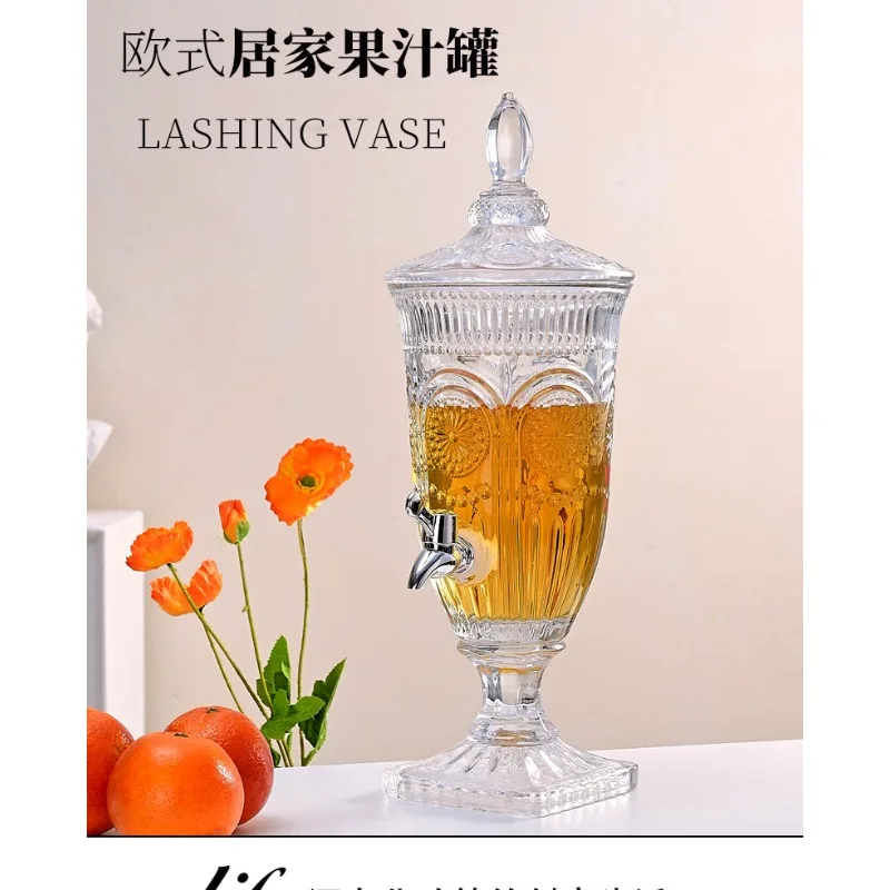 Transparent Gold‑trimmed Glass Beverage Dispenser With Lid Tap For Juice Wine Brewing Household