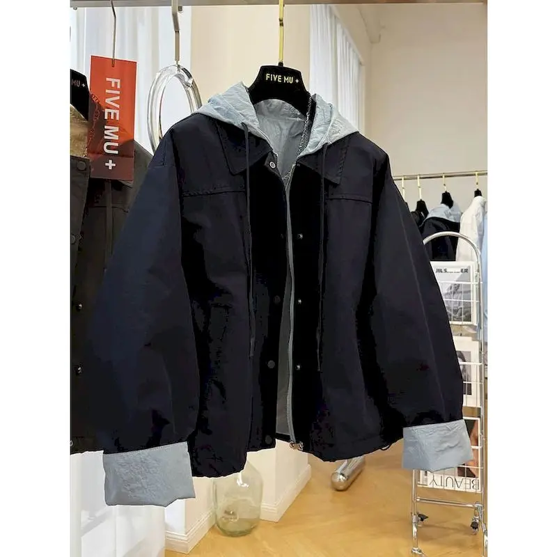 

Куртки из двух предметов в корейском стиле, свободная верхняя одежда, рабочая одежда большого размера с капюшоном, кардиганы, винтажные пальто с длинными рукавами, женские топы
