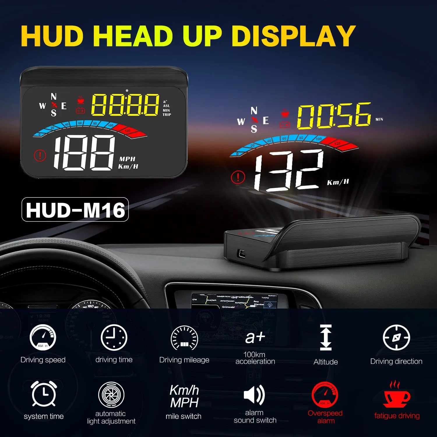 Head Up Display Auto Gps Gauge Digitale Snelheidsmeter Windscherm Projector Kompas Spanning Km/H Mph Voor Alle Auto 'S M16