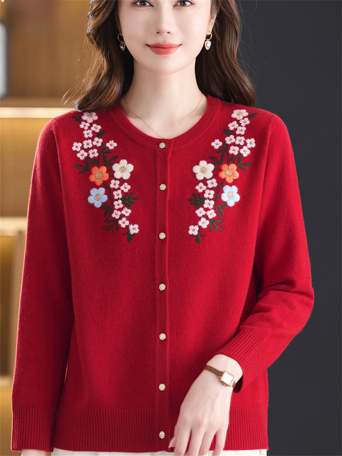 

Ele Pure Wool Knitted Sweater for Middle-Aged And ly Women Embroidered Faionable Versatile Outerwear Breathable Wa...