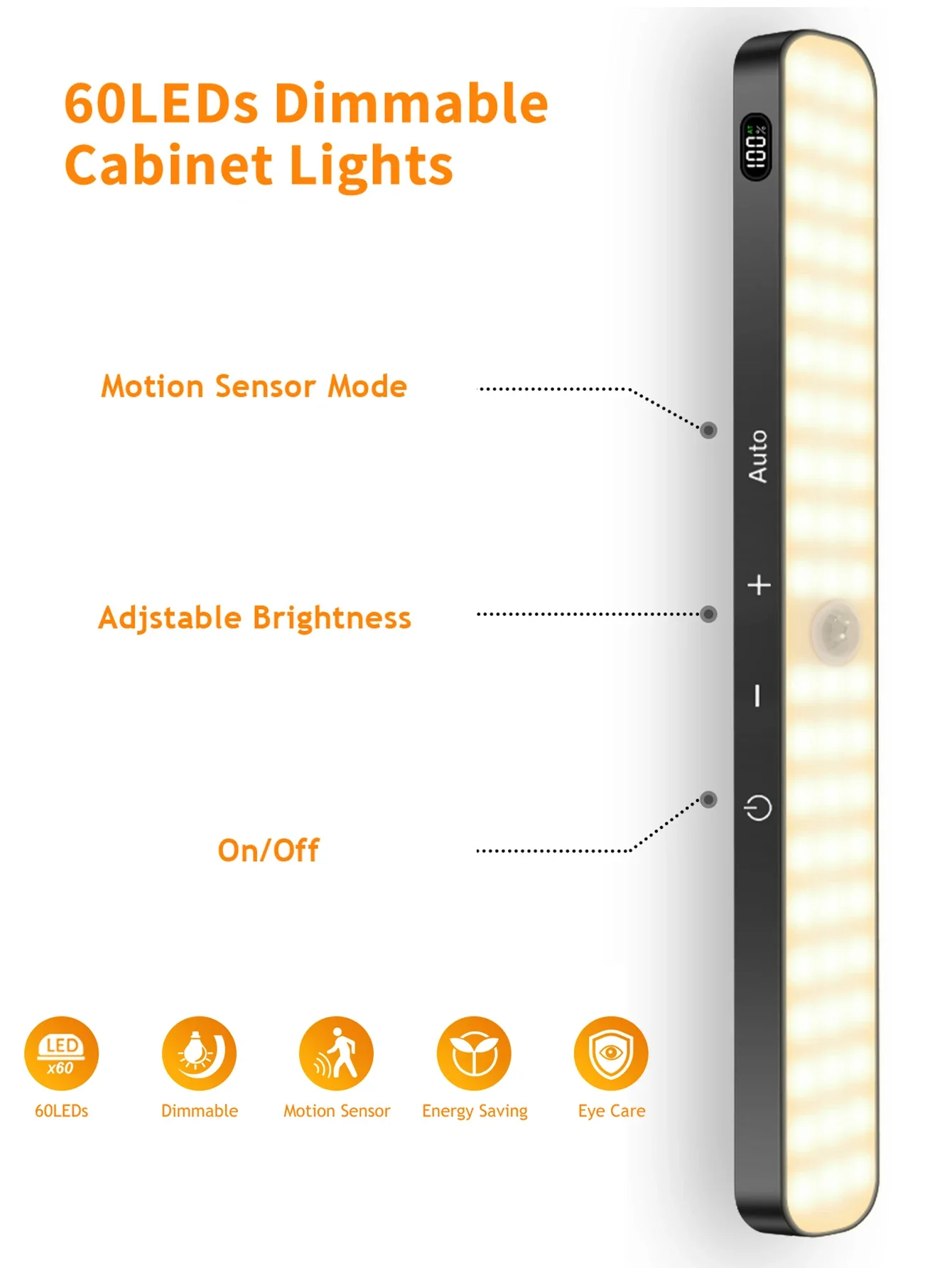 Motion Sensor Cabinet Warm Light Battery Display 60 LED Touch Light Bar Wireless Rechargeable Battery Night Light