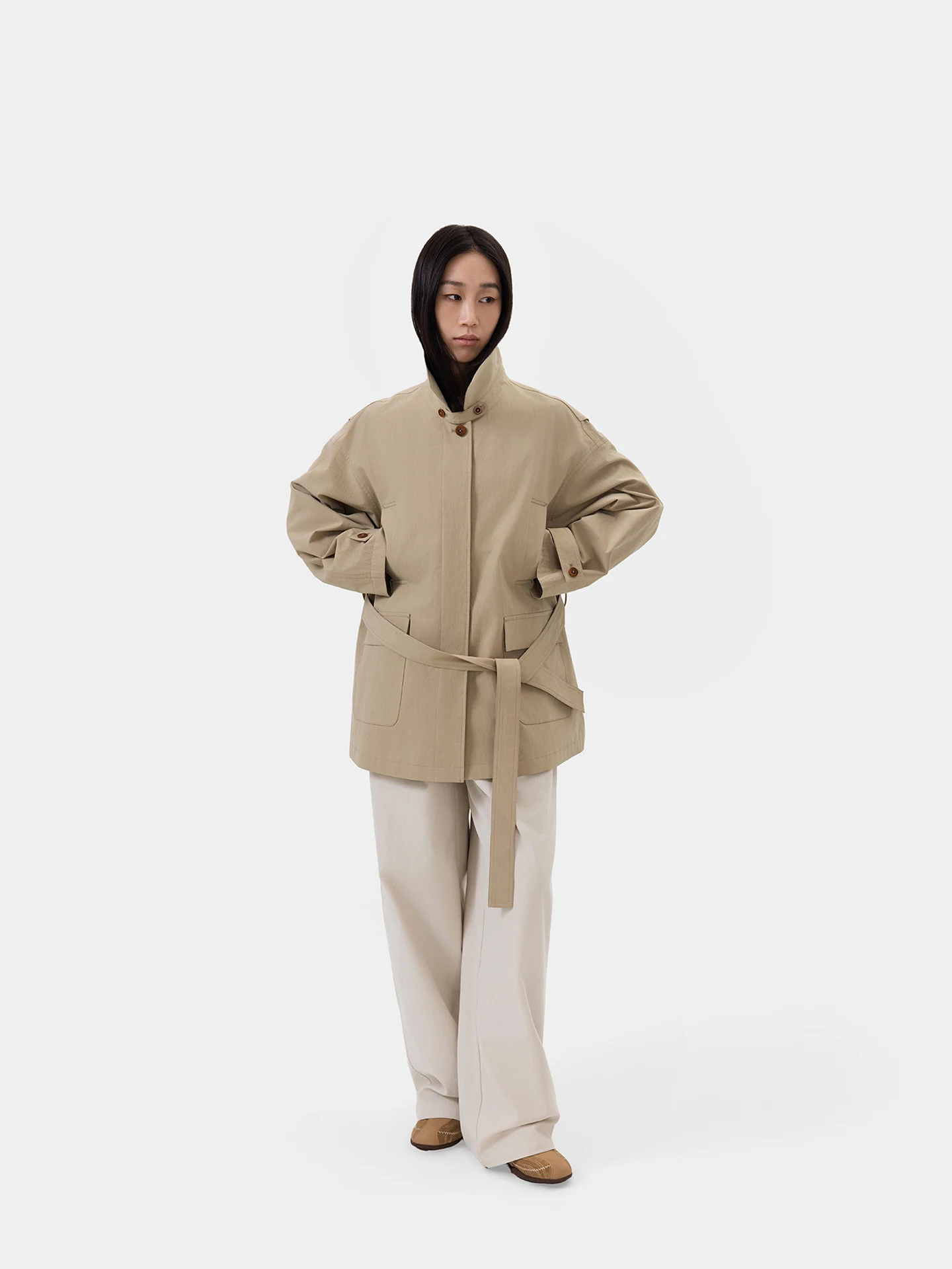 

Женская куртка Seei: хлопковая, с длинными рукавами, имитация двухслойности, отложной воротник, средней длины, ветровка со съемным поясом