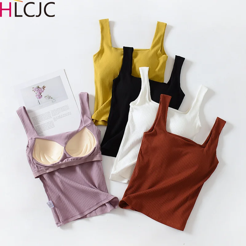 

New Women's Camisole Chest Pad Square Neck Tank Top Bottom Shirt Threaded Cotton One Piece Pajamas Sexy Summer Sleepwear Vest