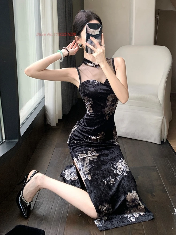 فستان صيني مثير لعام 2025 فستان سهرة مأدبة ملهى ليلي من تشيباو الوطني مطبوع عليه زهور بدون أكمام شبكي مخملي شيونغسام #4