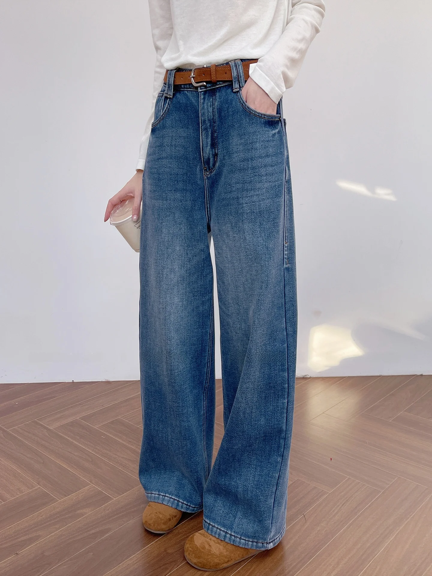 

Широкие джинсы Thiened Fce с высокой талией, женские брюки прямого кроя с поясом, утягивающие универсальные синие джинсы, длинные брюки