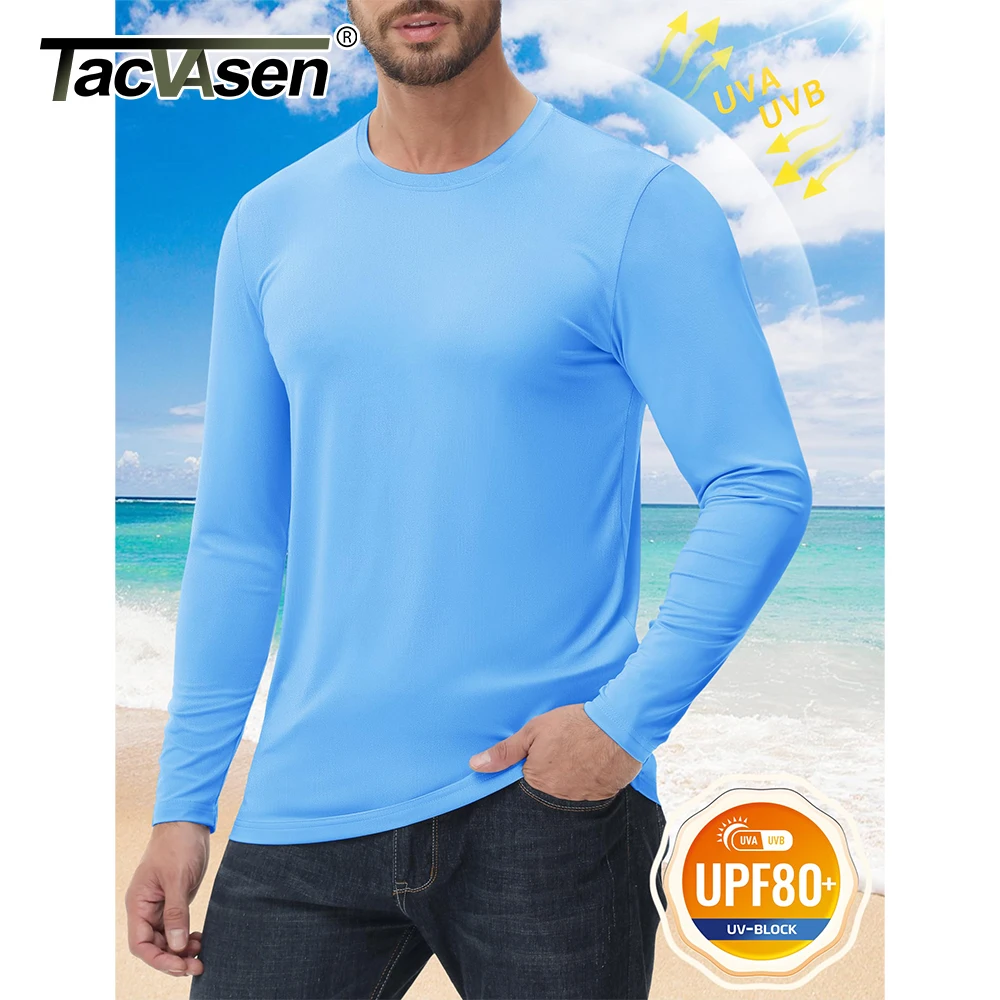 TACVASEN UPF 80+ UV Protection T-Shirts Men's Long Sleeve O-Neck Solid Tee Spring Summer Quick Dry Hiking Outdoors Pullover Tops