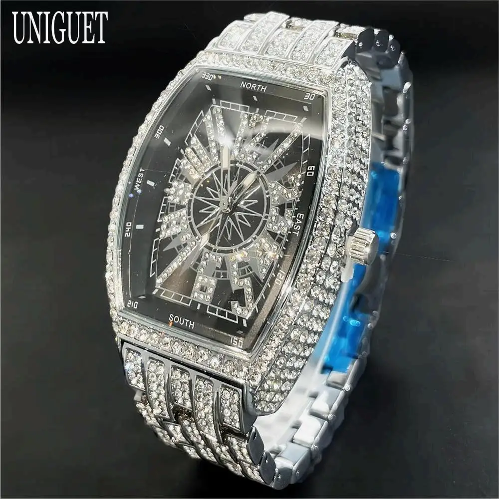 UNIGUET Fashion Iced Watch For Men Luxury Stainless Steel Quartz Watch Man Hip Hop Diamonds AAA Jewelry Wristwatch 2024 Hot Sell