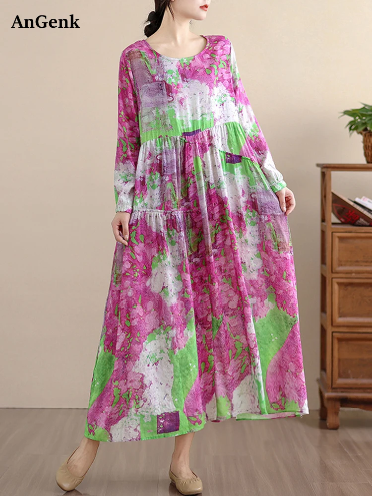 2025 봄 가을 신상 긴팔 면 플로럴 프린트 빈티지 여성용 드레스 캐주얼 루즈핏 미디 드레스 여성 우아한 의류