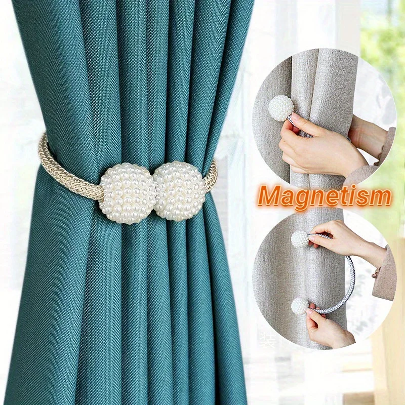 2pcs Curtain Tiebacks Magnetic Pearl Curtain Clip Curtain Holders Tieback Buckle Clips Hanging Ball Buckle Curtain Accessories