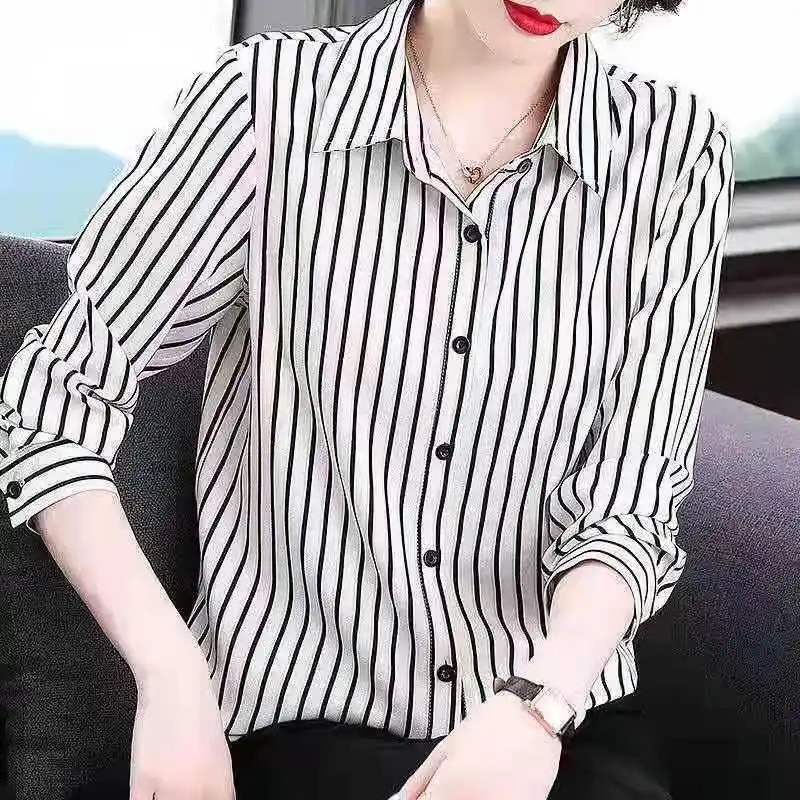 Women\'s Clothing Blouses Women Shirt Thin Striped Casual Women Single Breasted Straight Spring Summer Button Turn-down Collar