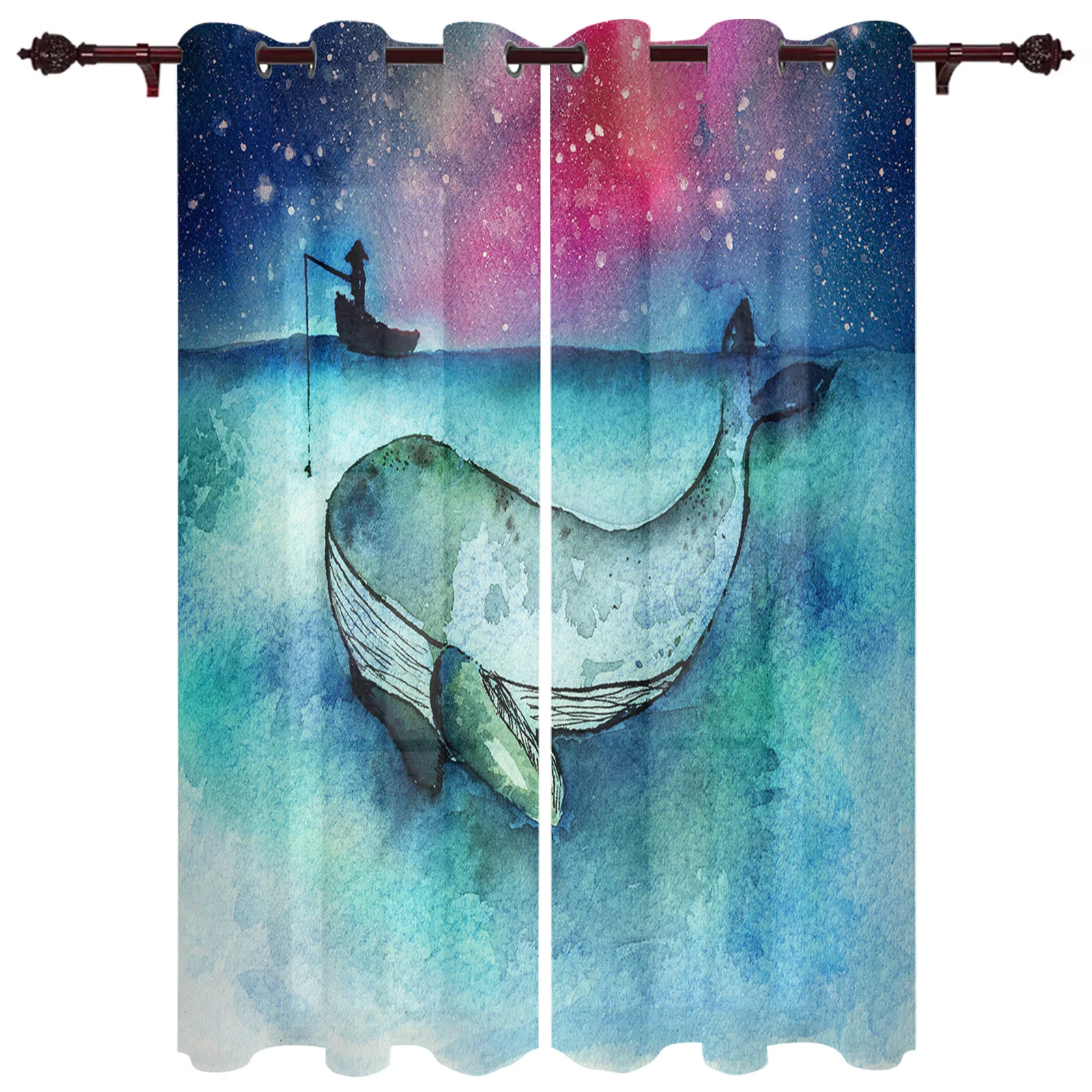 Whale Sea Fishing Boat Starry Sky Aurora Curtains Modern Living Room Decor Window Treatments Drapes  Balcony Kitchen  Curtain