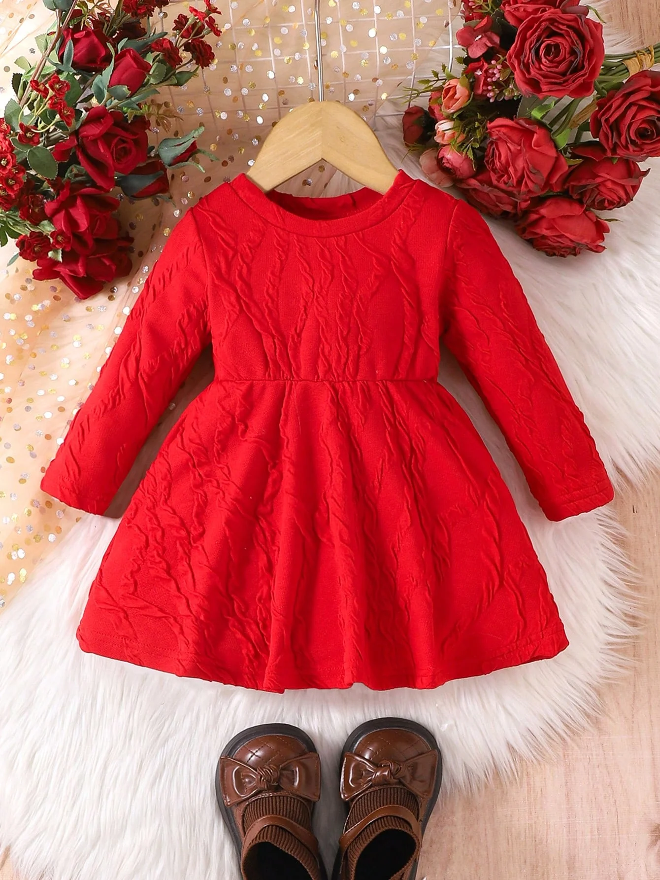 Baby Girls' Cute Red Long-Sleeve Dress for Spring & Autumn, Loose and Comfortable Fit, Ideal for Holiday Celebrations and More