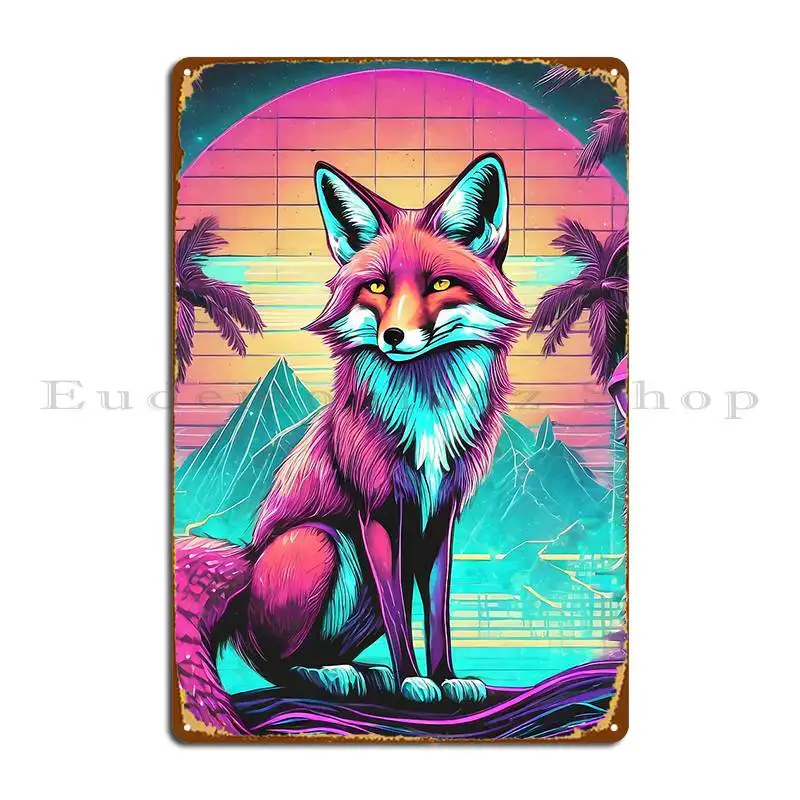 Synth Wave Fox Art With Neon Retro Sunset Metal Sign Rusty Home Garage Customize Cinema Tin Sign Poster