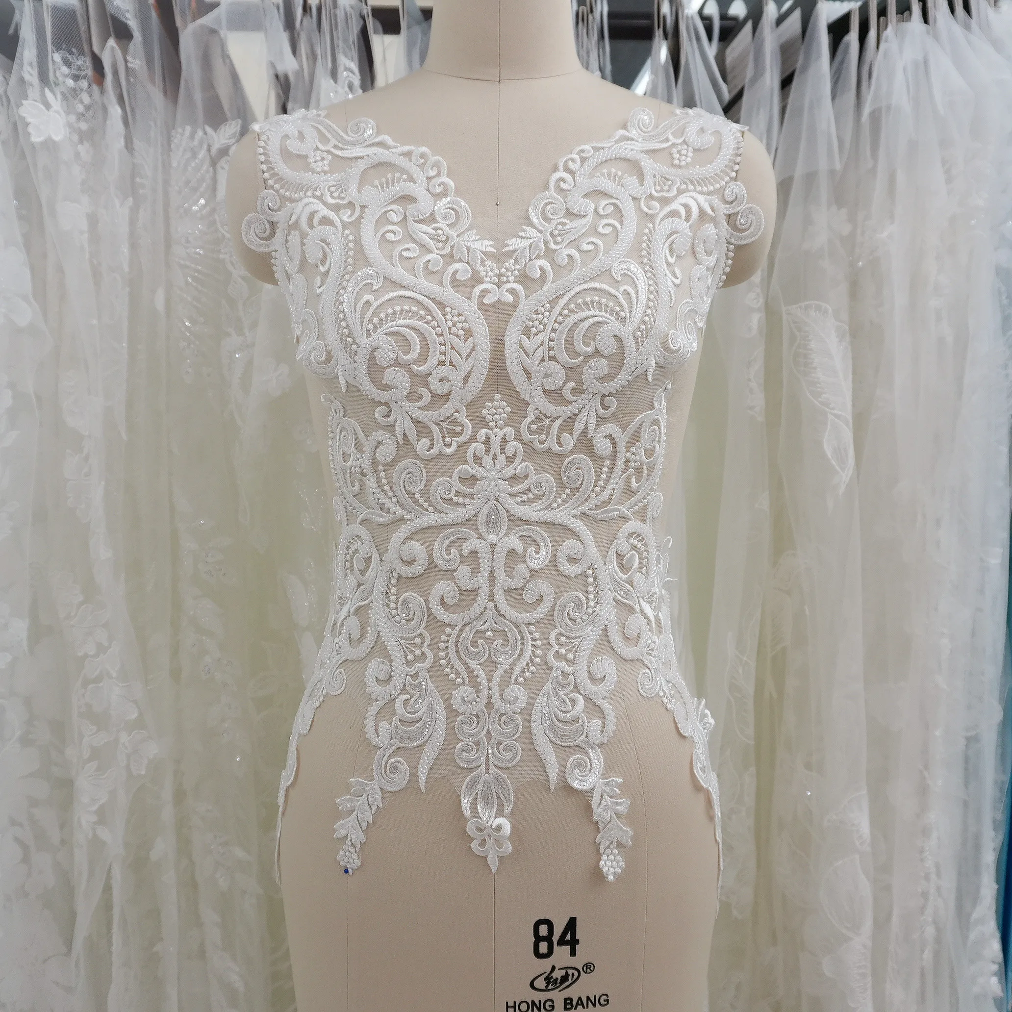 Bridal Lace Fabric with Floral Hollow Out DIY Embroidered Beads Sequin Front Chest Decor Appliqued Wedding Dresses Accessories
