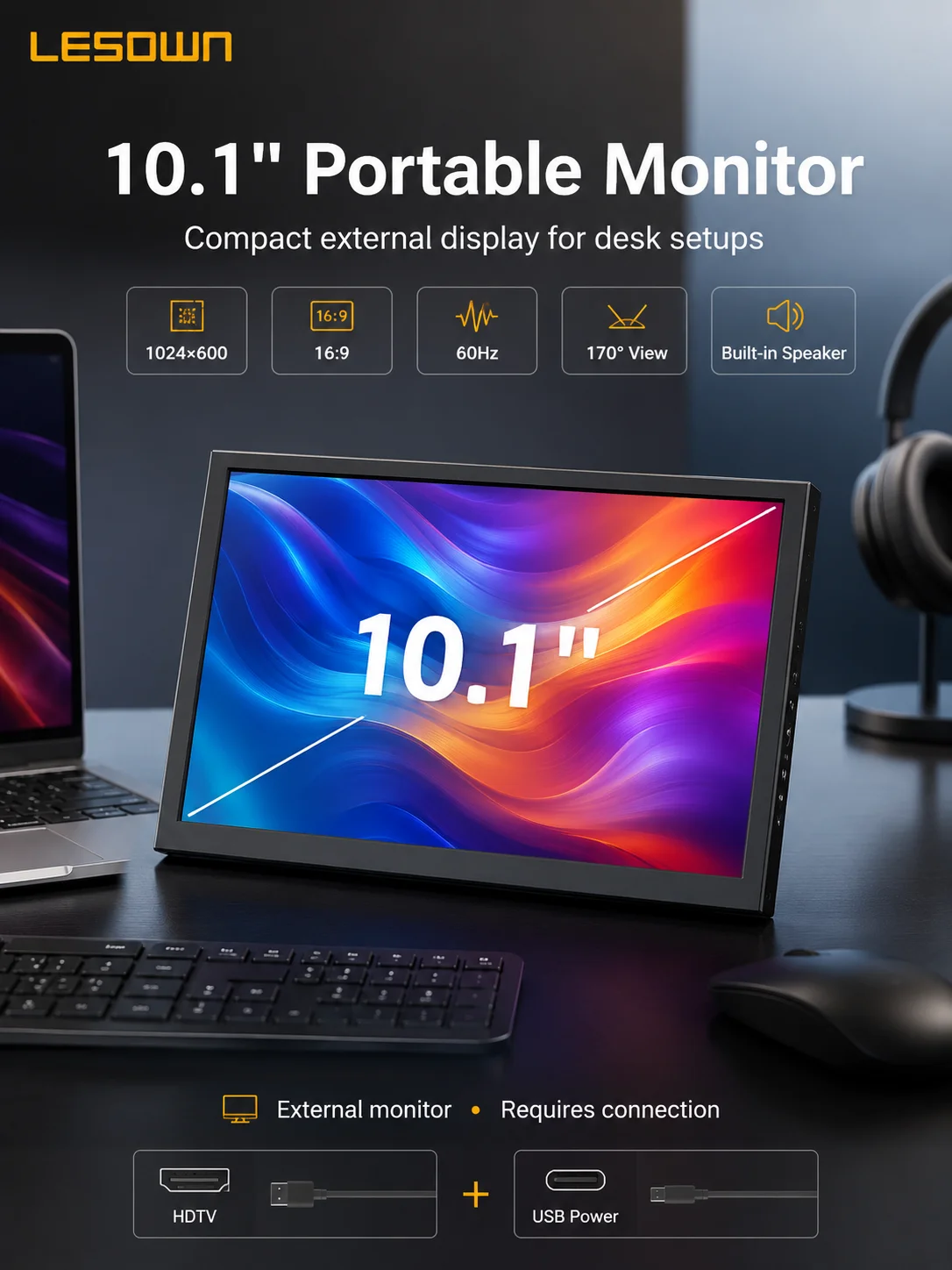 LESOWN 10.1 Inch External Display No Driver Needed Laptop Screen 1024x600 PC Sub-monitor HDTV Plug and Play Aluminum Panel
