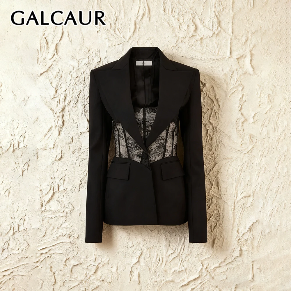 

GALCAUR черная кружевная сексуальная куртка женская с лацканами и длинным рукавом для похудения офисные женские куртки осенний стиль модная новинка