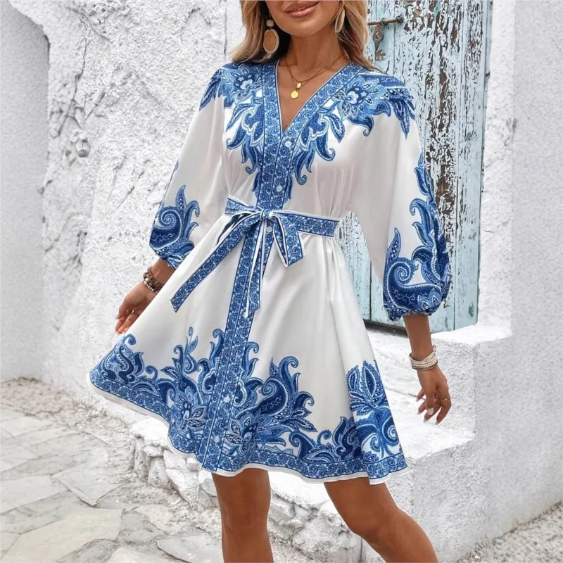 Vintage Chic Printed Short Dress Boho Vacation Style Fashion V-neck Lantern Sleeve Dresses For Women 2025 Elegant Lace Up