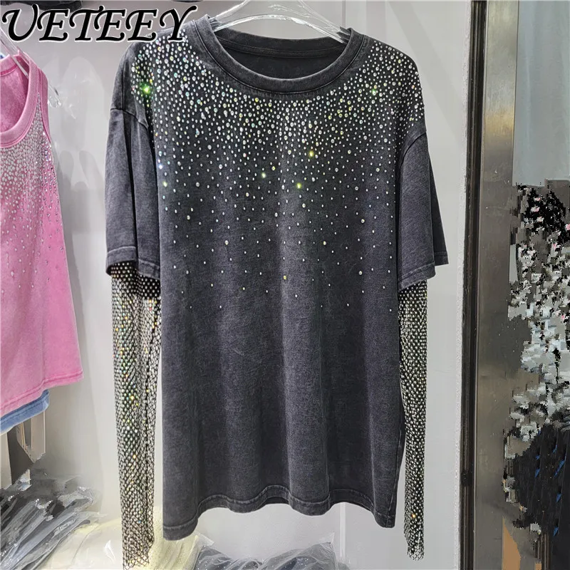 

European Goods Heavy Industry Hot Diamond Bright Black Long-sleeved T-shirt Women's 2025 New Design Sense Niche Loose Top Tide