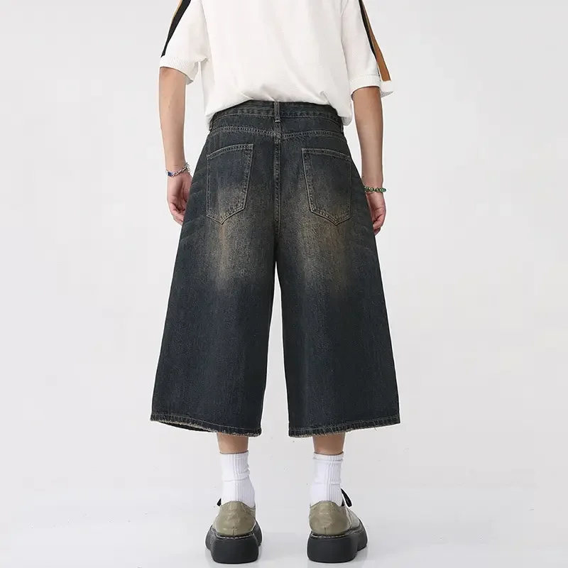 Y2K Mens Vintage Streetwear Breeches Korean Harajuku Denim Wide Leg Trouser Short Pants Jorts Bermudas Jeans Shorts Alt Clothes