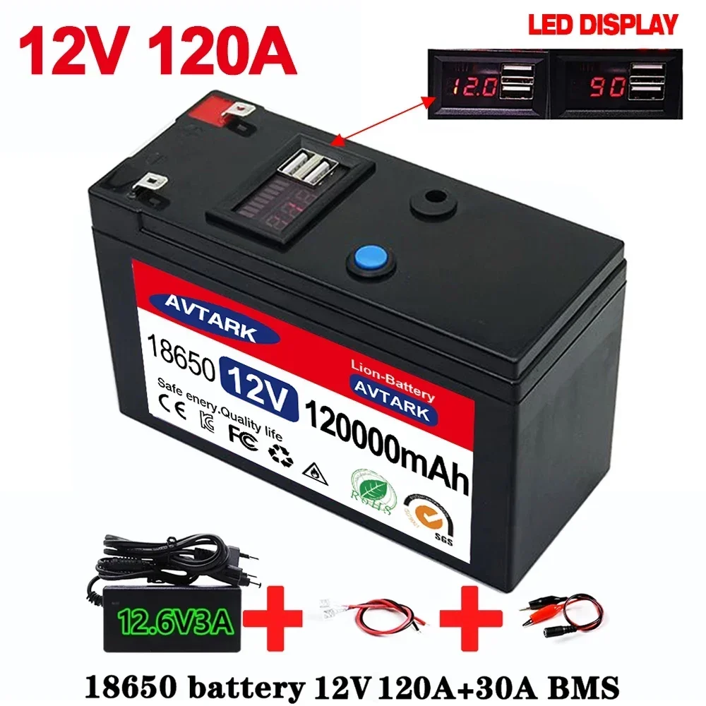 

12V Battery 120Ah 18650 lithium battery pack Rechargeable battery for solar energy electric vehicle battery+12.6v3A charger