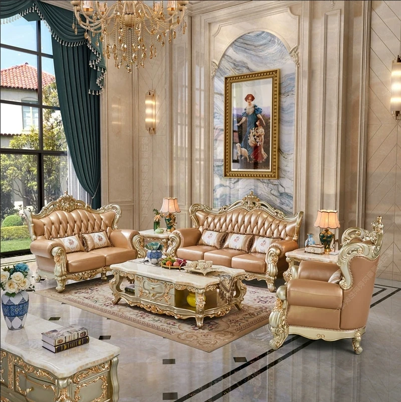For High Quality French Style Sofa Solid Wood Frame Leather Living Room Sofas Classic Royal Style