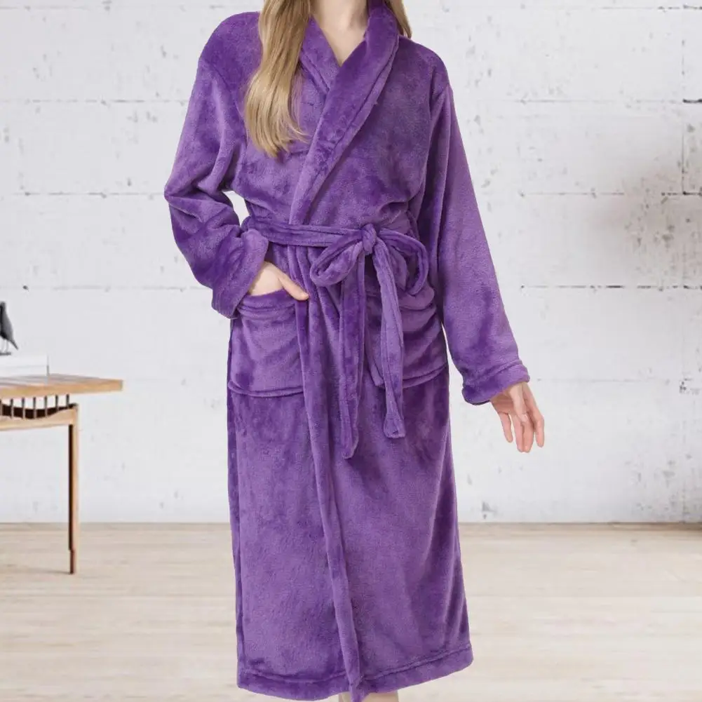 2026 Women's Flannel Robe Thick Warm Fleece Bathrobe with Pockets Winter Soft Plush Long Nightgown Sleepwear