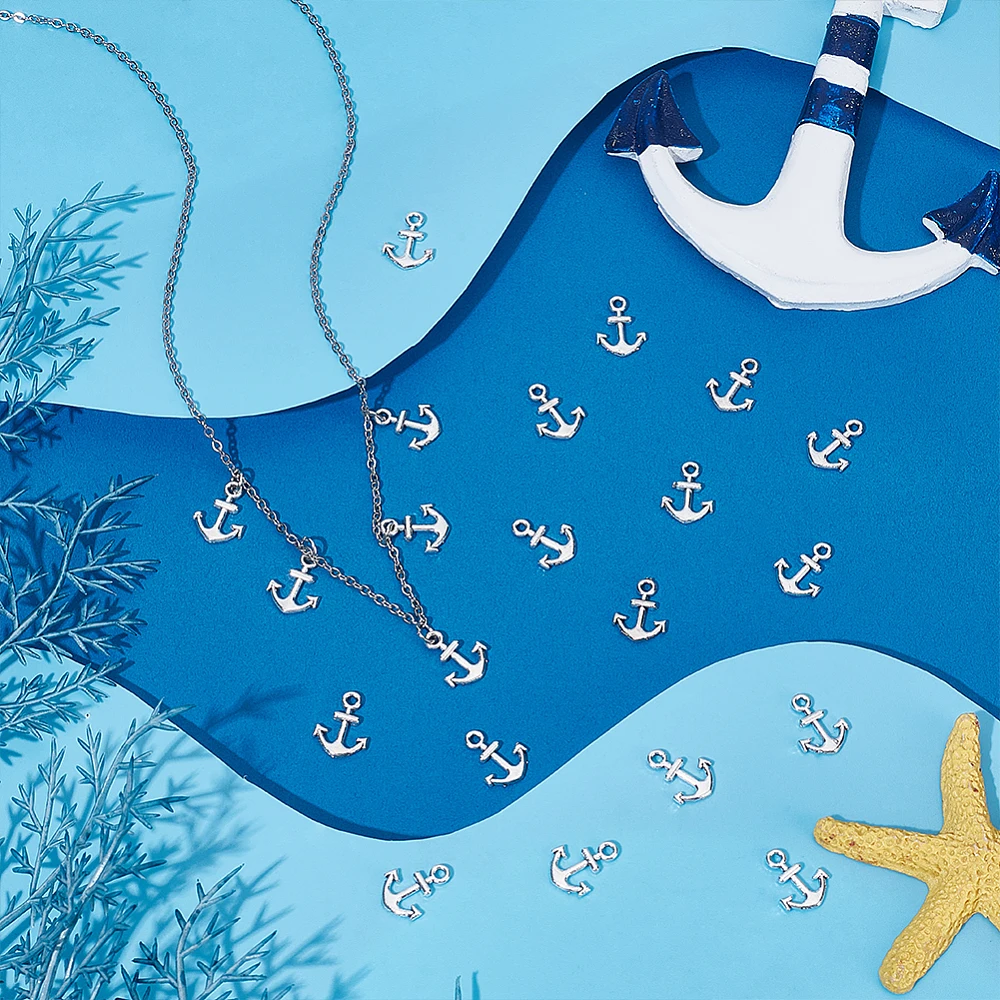 200Pcs Alloy Anchor Charms Vintage Nautical Anchor Pendant Ocean Theme Silver Ship Sailing Charm for Crafting Jewelry Making