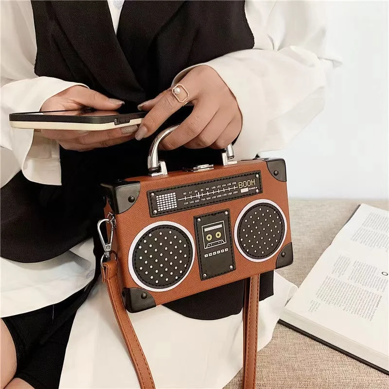 Retro Radio Box Style PU Leather Ladies Handbag, Shoulder Bag, Chain Purse, Women\'s Crossbody Messenger Strap Bag, Flap Vintage