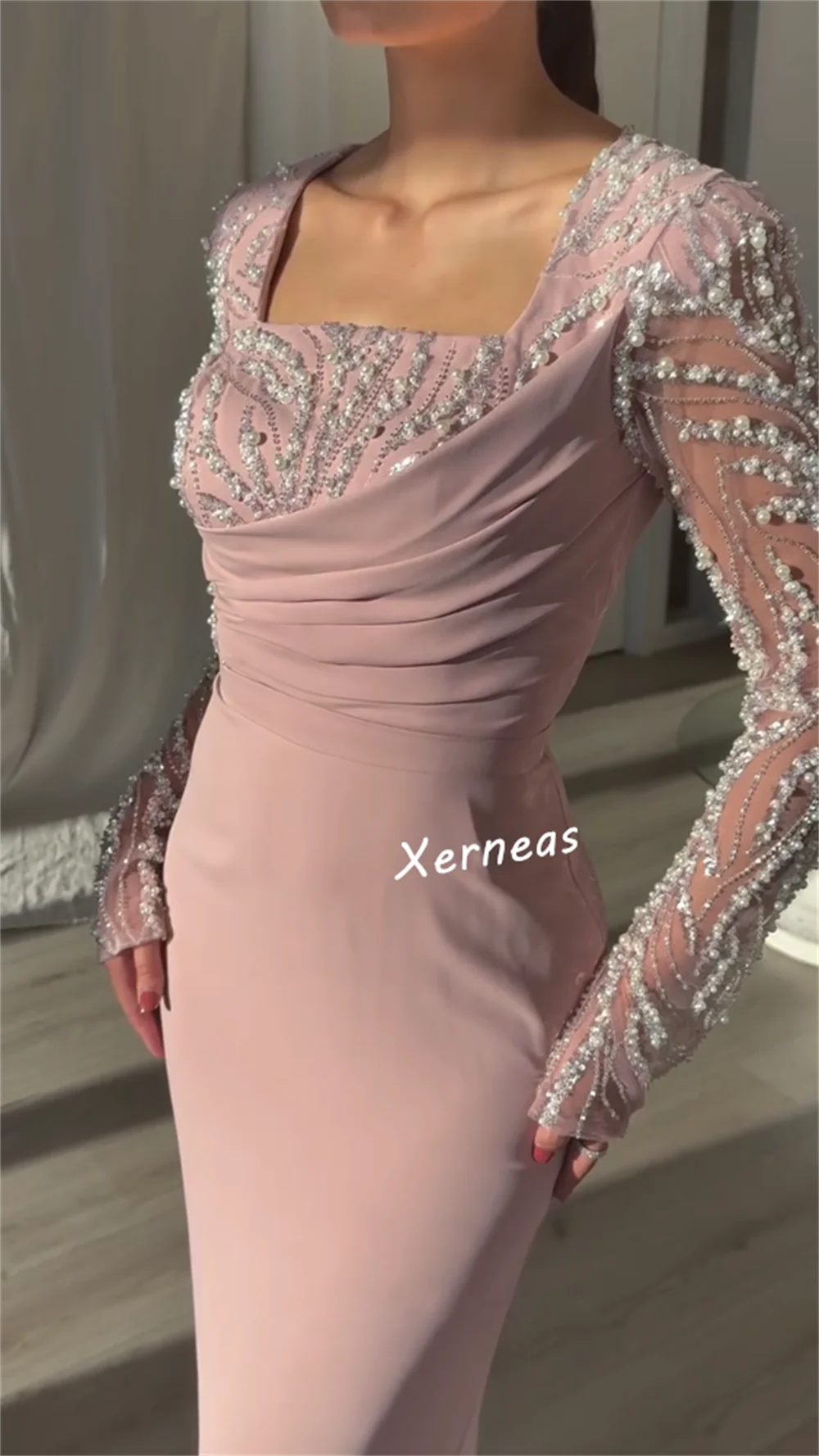 Robe mi-longue droite en Jersey, personnalisée, perles, col carré, sur mesure, robe de soirée à paillettes pour femmes, haute qualité