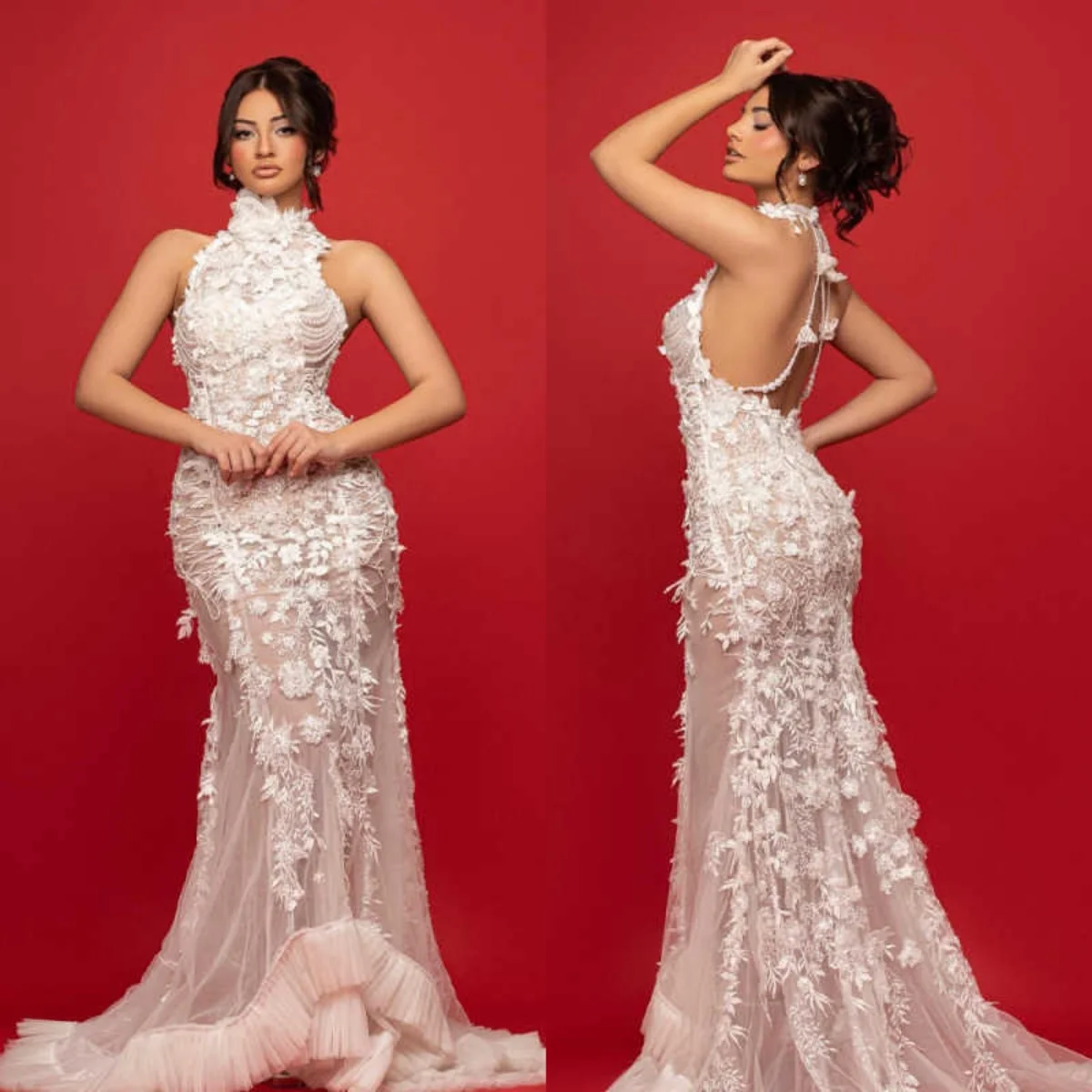 Splendidi abiti da sposa a sirena Halter Backless senza maniche Appliques Bead Party Abiti da sposa Vestido De Novia personalizzato