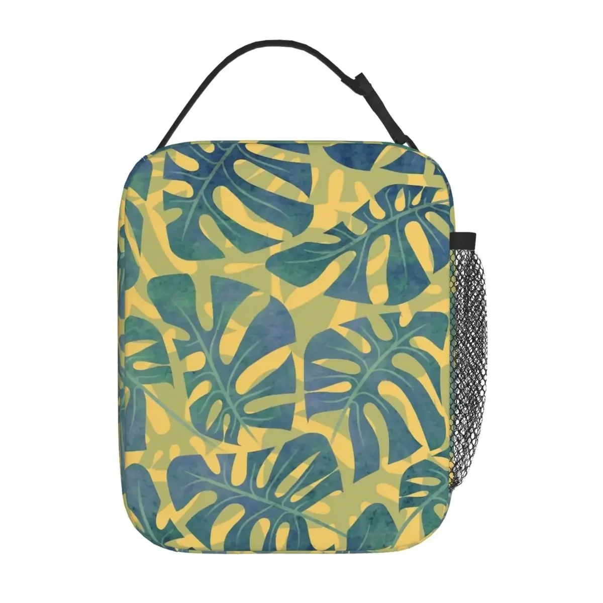 Plam Leaf Lunch Bag For Child Blue And Yellow Lunch Box Office Portable Insulated Thermal Tote Handbags Oxford Print Cooler Bag