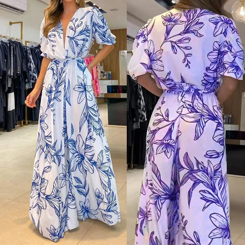 

SKMY 2024 Summer New Women Clothes Fashion Floral Dress V-Neck Loose A-Line Puff Sleeve Printed Elegant Evening Party Long Dress