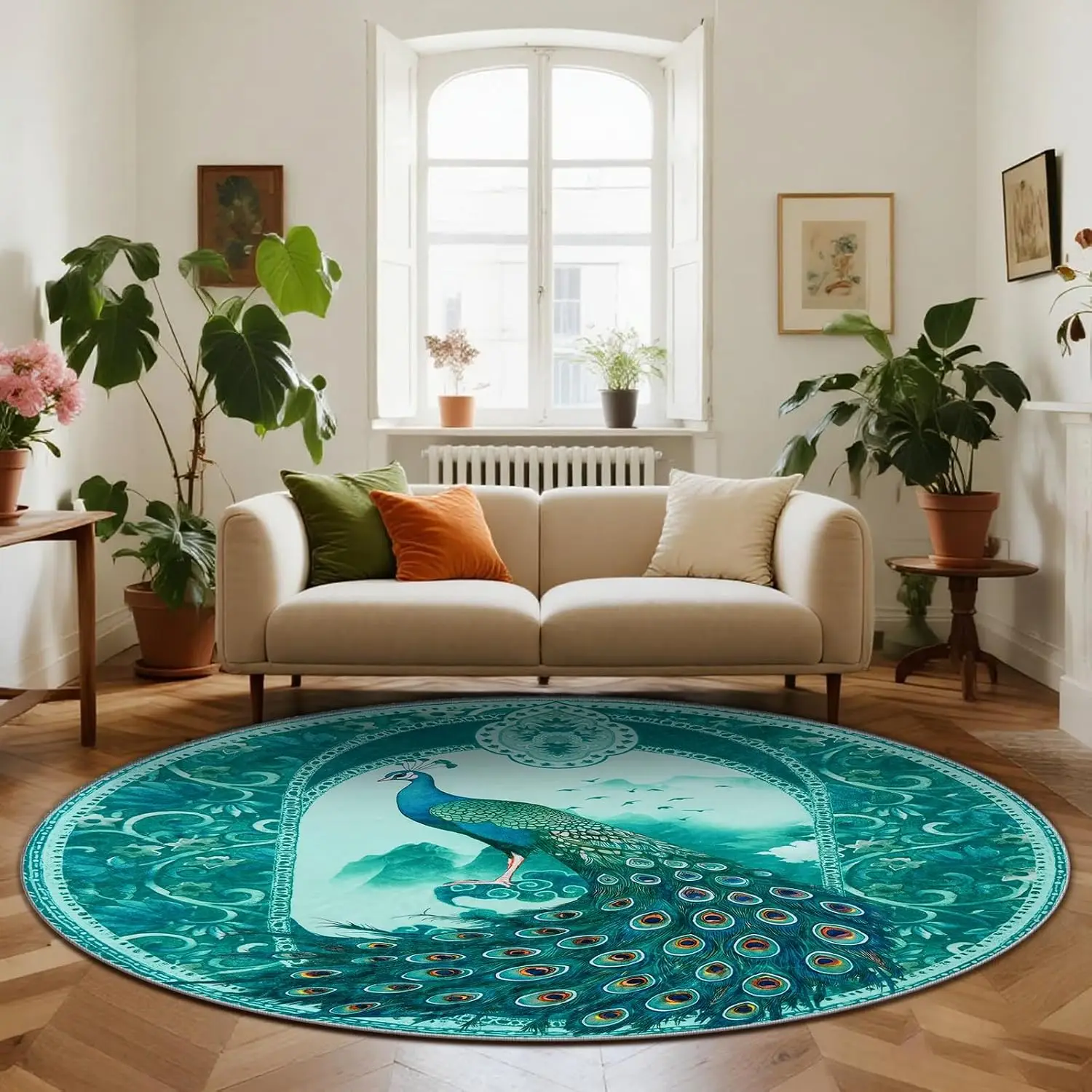 Luxury Round Peacock Area Rug Teal Blue Boho Tropical Peacock Design Polyester Carpet Mat for Living Room Hallway Indoor Floor D