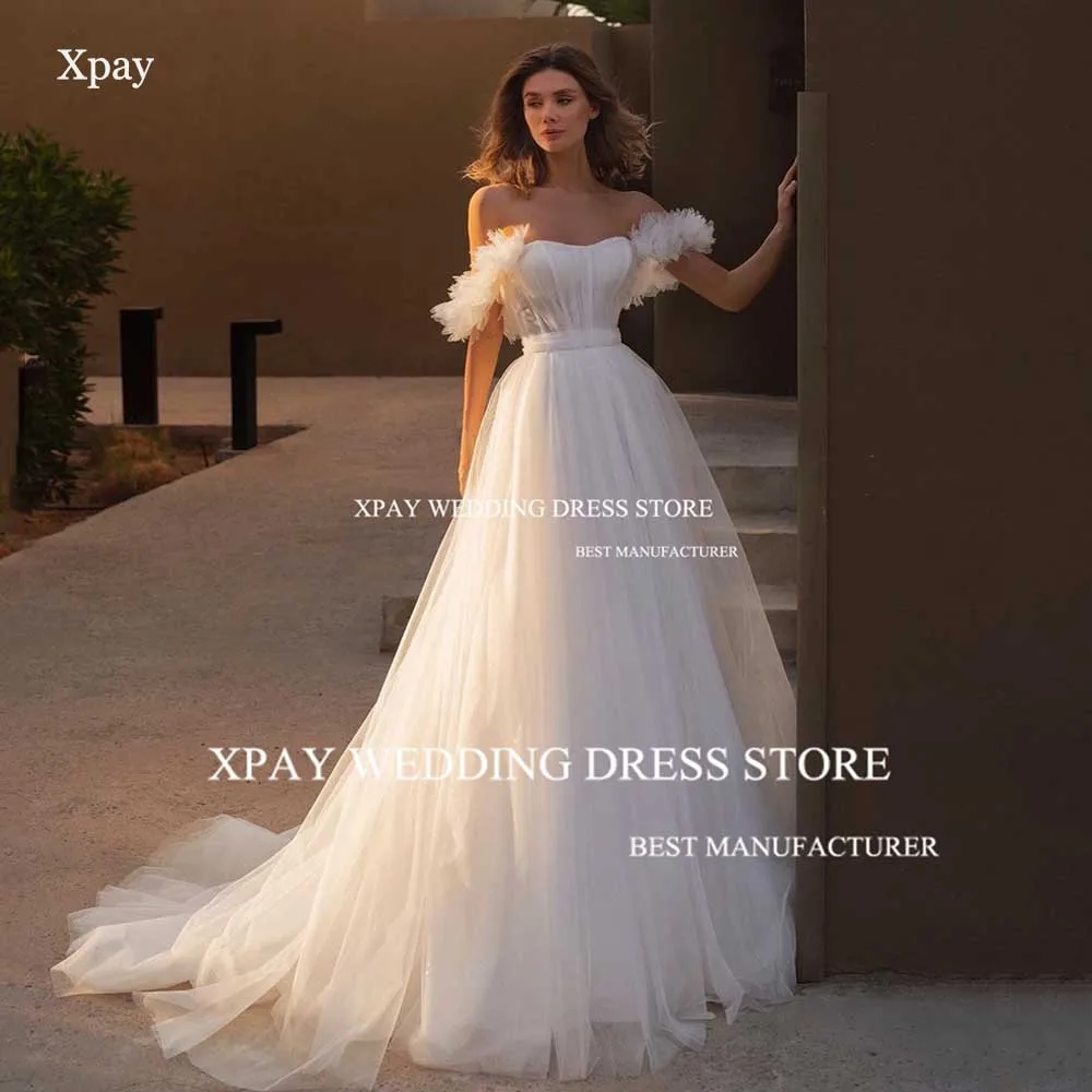 

XPAY Sweetheart A Line Wedding Dresses Off The Shoulder Backless Tulle Bridal Gown Custom Made 3D Ruffles Pleats Bridal Dress