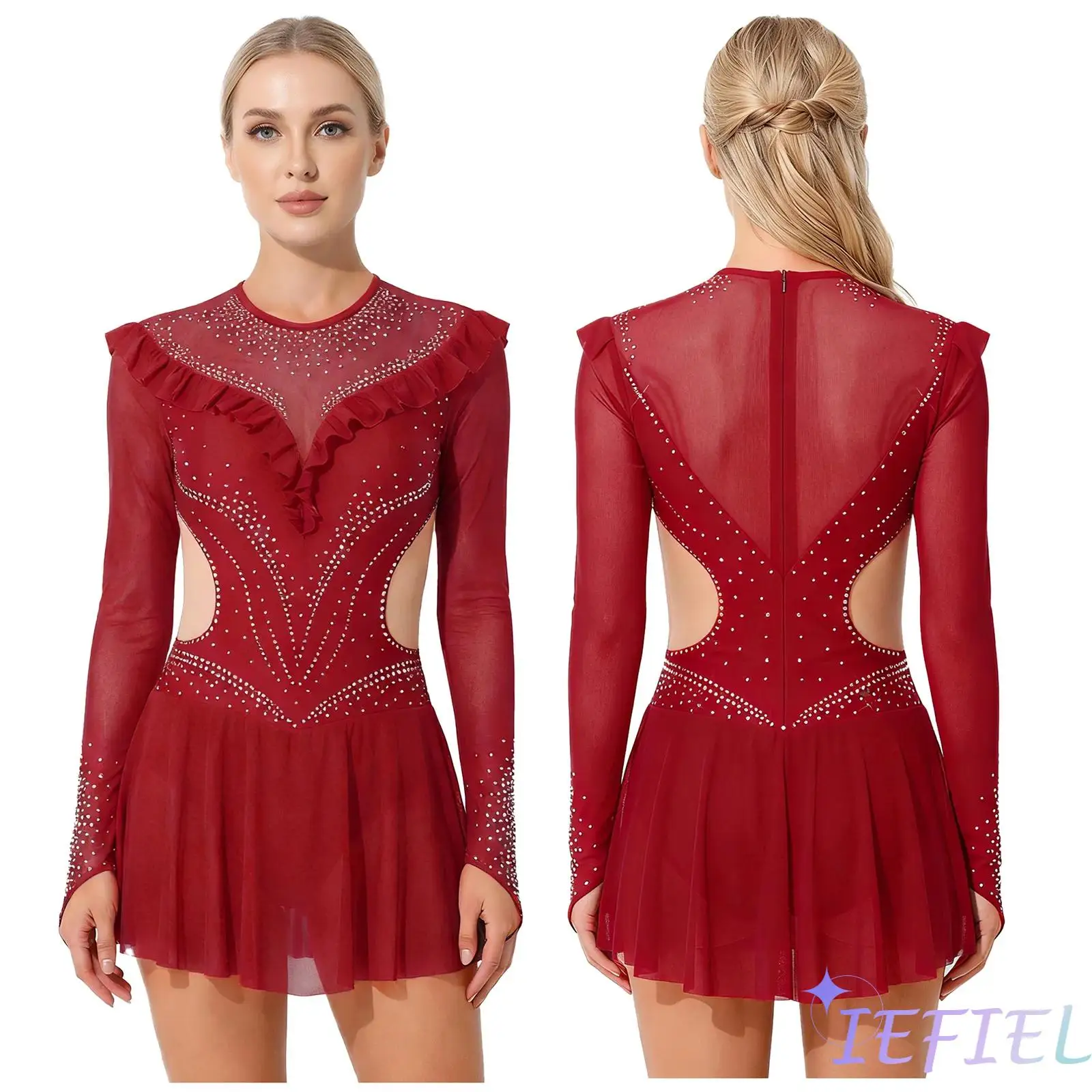 

Women Figure Skating Competition Dance Dress Outfit Rhinestone Mesh Long Sleeve Leotard Jumpsuit Female Latin Ballet Dance Dress