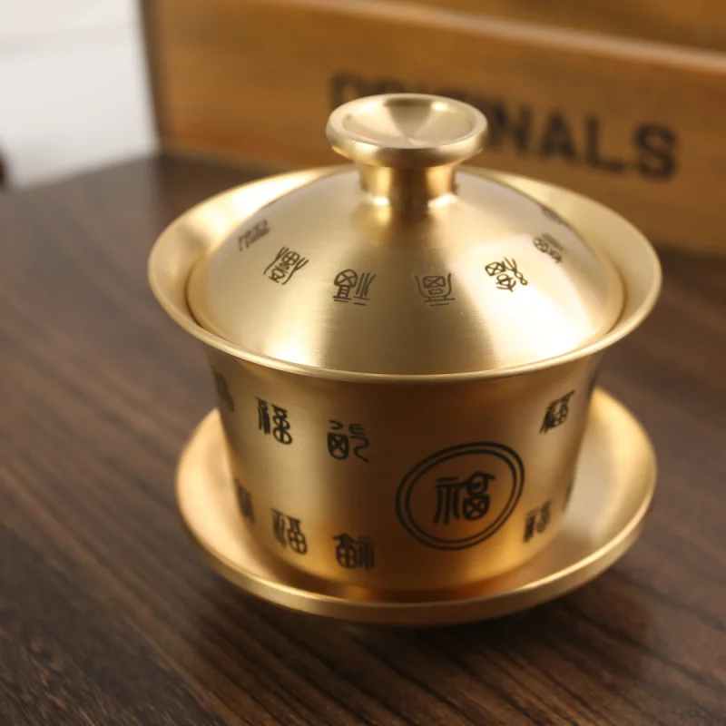 Brass Dragon and Phoenix Hundred Blessings Gaiwan Three-Piece Set Creative Ceremony Ornament Daily Gift Tea Cup Palace Style