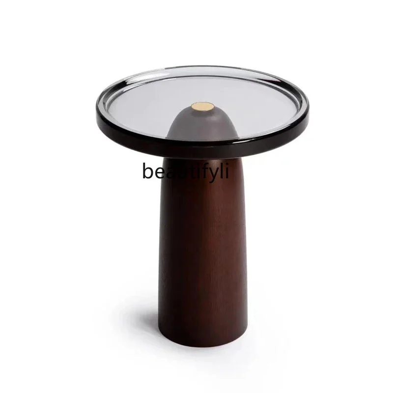 

Italian minimalist oak edge table glass living room sofa small coffee table balcony small round table Chinese antique household