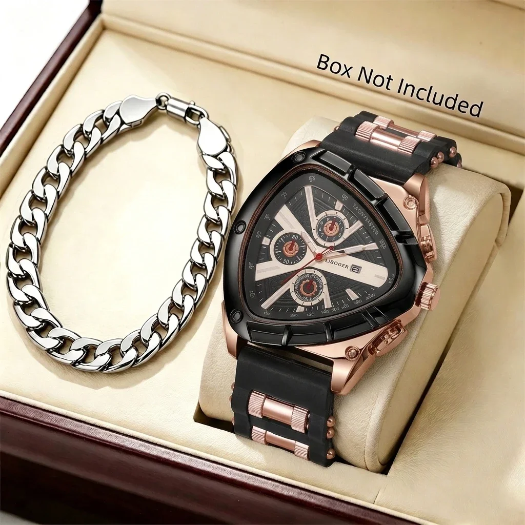 2PCS/Set Fashion Silicone Strap Men Sports Watches Casual Arabic Dial Calendar Wristwatch Bracelet Set Reloj Hombre (Without Box