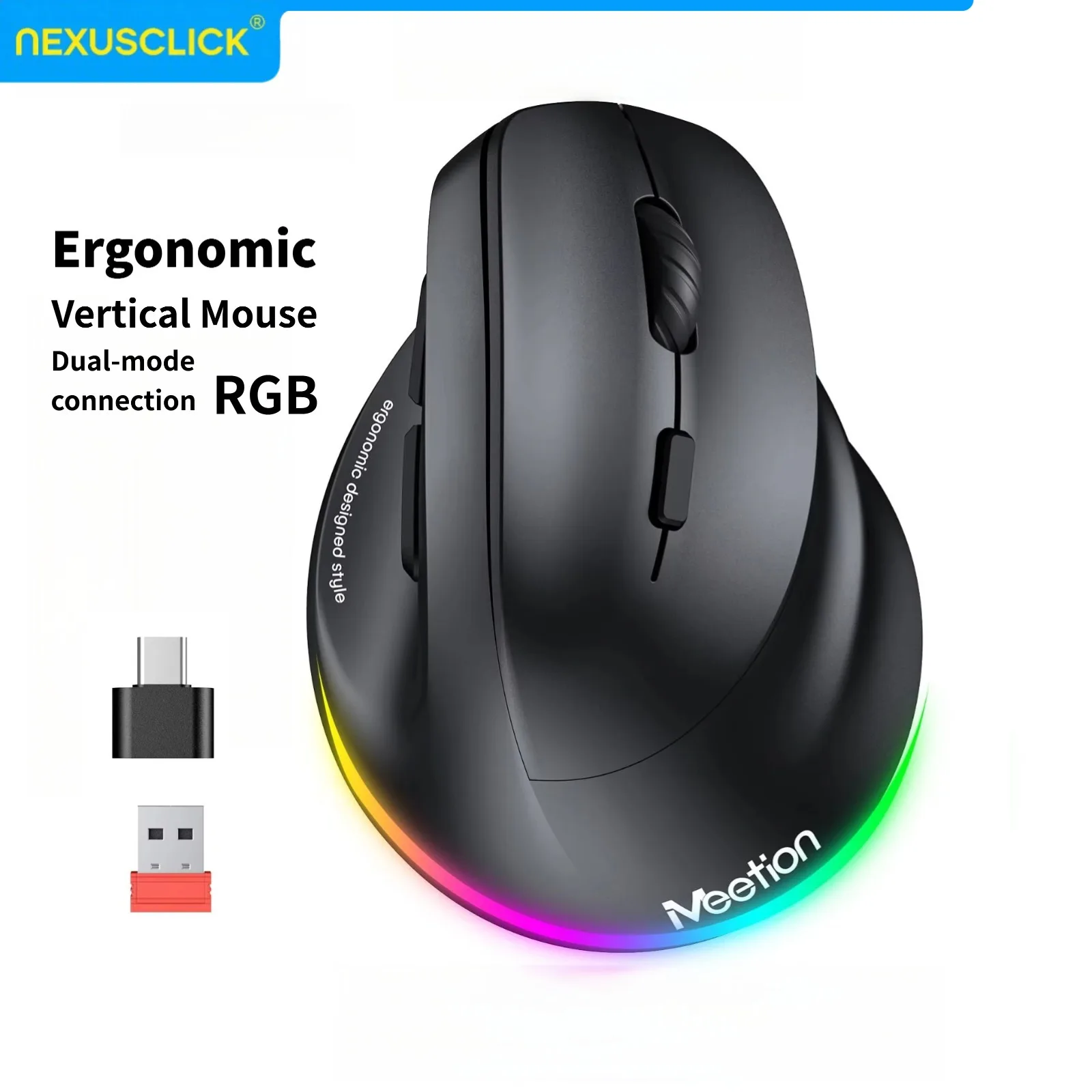 NexusClick Dual Mode Vertical Ergonomic Wireless BT/2.4G Mouse DPI Adjustable Rechargeable RGB Mute Buttons Office for Laptop PC