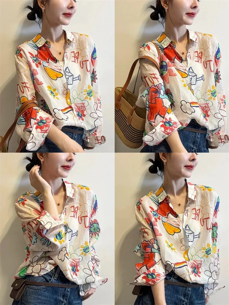 Fashion Spring and Summer Retro Graffiti Printing Lapel Cotton Shirt Women's Thin Loose Cardigan Loose Sunscreen Shirt Tide New
