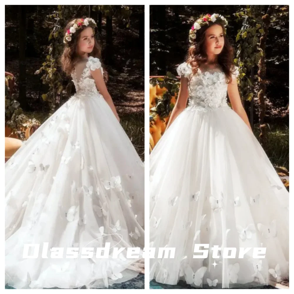 

2024 New White Flower Girl Dresses For Wedding Tulle Butterfly 3d Applique Kids Birthday Party Pageant Dress First Wedding Dress