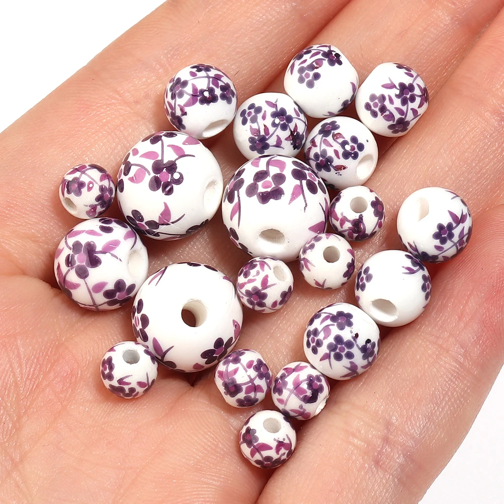 20-30pcs 6 8 10 12mm Jingdezhen Ceramic Beads Purple Flower Pattern Round Loose Beads For DIY Jewelry Making Necklace Bracelet view 6