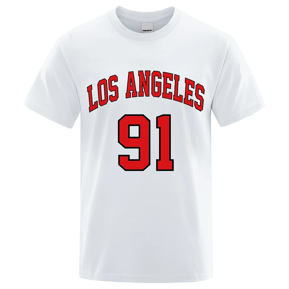 Los Angeles 91 Team Uniform Letter Printed USA City T-Shirts Men Summer Loose Short Sleeve Cotton Breathable Oversized T Shirt