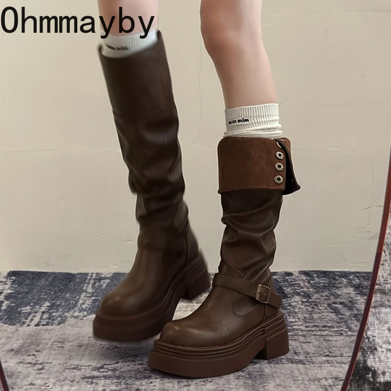 

Autumn Winter Thick Sole Woman Knight High Boots Concise Slip-On Shoes Ladies Vintage Height Increase Slim Long Botas De Mujer