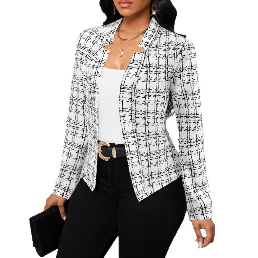 Slim Fit Plaid Print Suit Jacket Women's Fashionable Elegant Style Spring Autumn New Arrival No Brand Polyester Long Sleeve P...