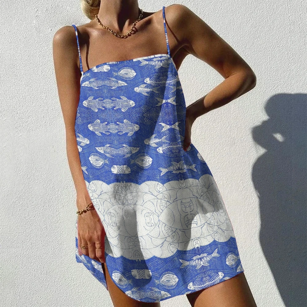 

Women'S Short Oversized Beach Vacation Clothing Ocean Fish Pattern With Camisole Skirt Summer Fashion Outfit Printed In Blue